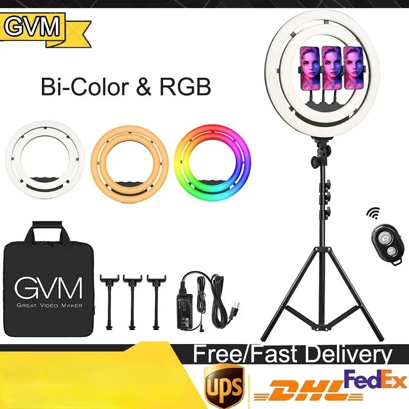 GVM 18" Selfie Ring Light 50W Double-Layer LED RGB Camera Light Ring For YouTube/Live Broadcast With Tripod Stand Lamp
