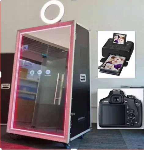 Portable Business Use LED Ring Light Retro Wooden Frame Mirror Automatic Photo Booth Kiosk Station For Social Media Photo Booth
