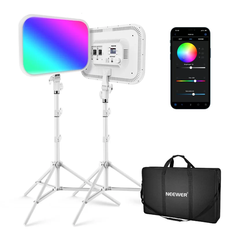 NEEWER 18.3" RGB LED Video Light Panel With App Control Stand Kit 2 Packs, 360° Full Color,60W Dimmable 2500K~8500K RGB168 LED
