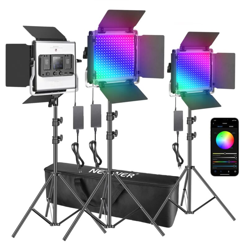 Neewer 3 Packs 480 RGB Led Light With APP Control, Photography Video Lighting Kit With Stands And Bag, 480 SMD LEDs CRI95/3200K
