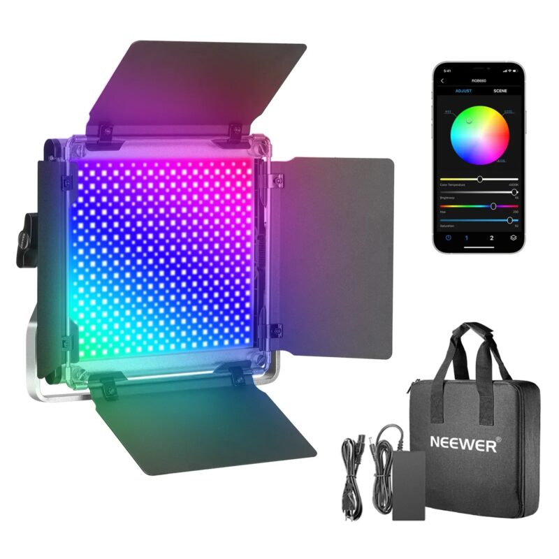 Neewer 660 RGB Led Light With APP Control, 660 SMD LEDs CRI95/3200K-5600K/Brightness 0-100%/0-360 Adjustable Colors/9 Applicable