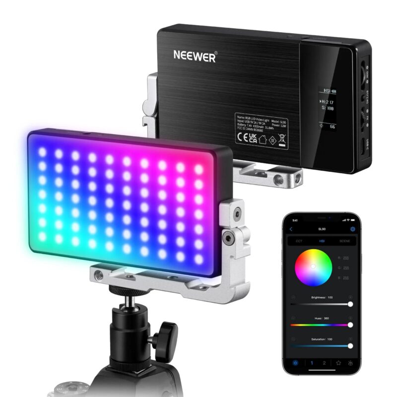 NEEWER SL90 RGB Video Light， 12W 4300mAh Rechargeable Battery Full Color 18 Light Effects， LED Camera Light， App & 2.4G Control