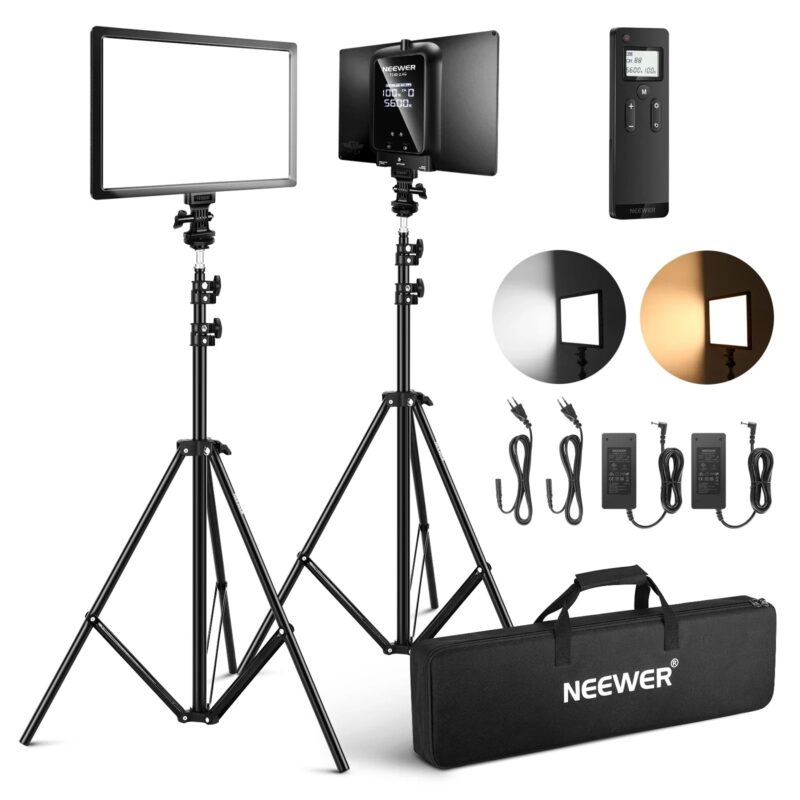 NEEWER 2 Packs 2.4G LED Panel Video Light Soft Lighting Kit, 12.9" Key Light With Stand/Remote/3200-5600K/CRI97+/Built In 7.4V