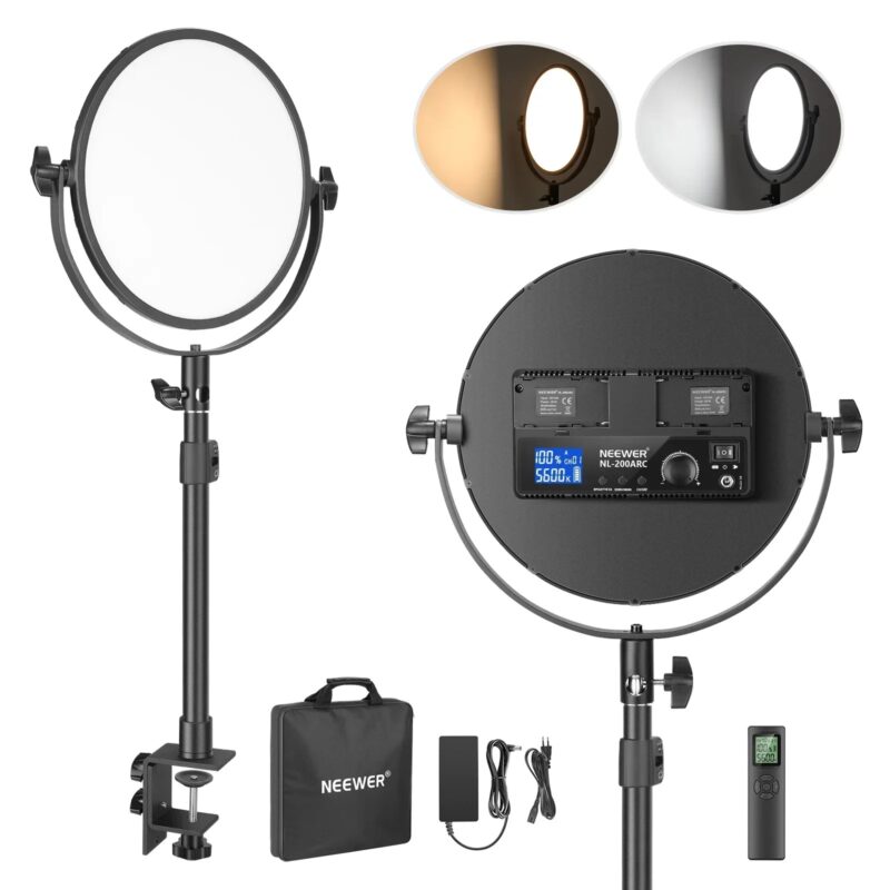 Neewer Desk Mount Round LED Video Light And 2.4G Wireless Remote, 2-Pack Bi-Color Soft Light Panel CRI97+ For Video Conference