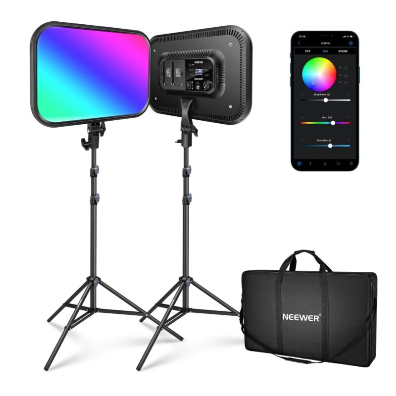NEEWER RGB168 18.3" LED Video Light Panel With App Control Stand Kit 2 Packs, 360° Full Color 60W Dimmable 2500K-8500K CRI97+