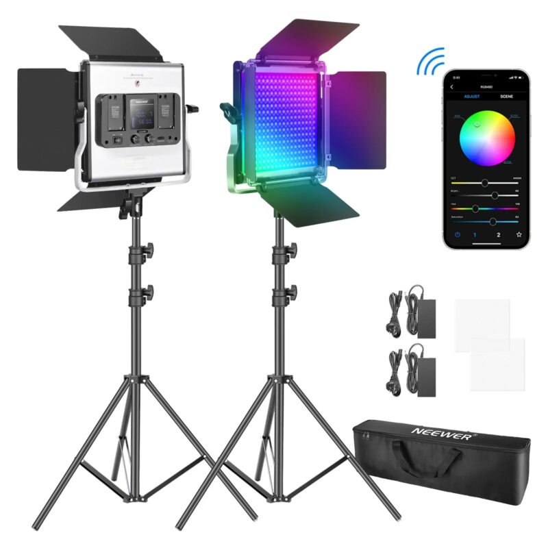 Neewer 2 Packs 480 RGB Led Light With APP Control, Photography Video Lighting Kit With Stands And Bag, 480 SMD LEDs Adjustable