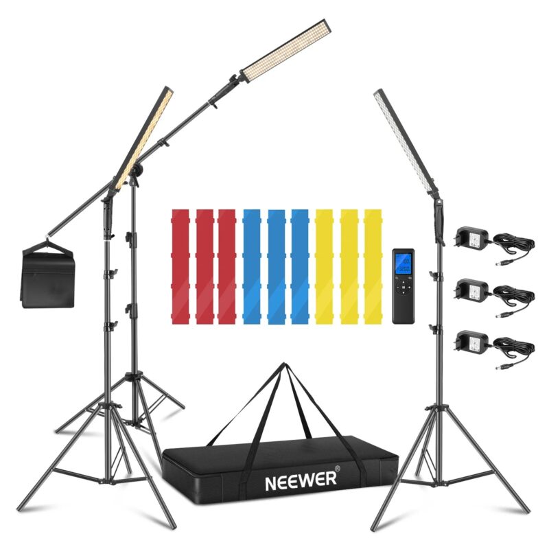 Neewer 3 Packs 2.4 GHz LED Light Stick Photography Lighting Kit And 3 Color Filters - Remote Dimmable CRI 95 With Boom Arm Stand