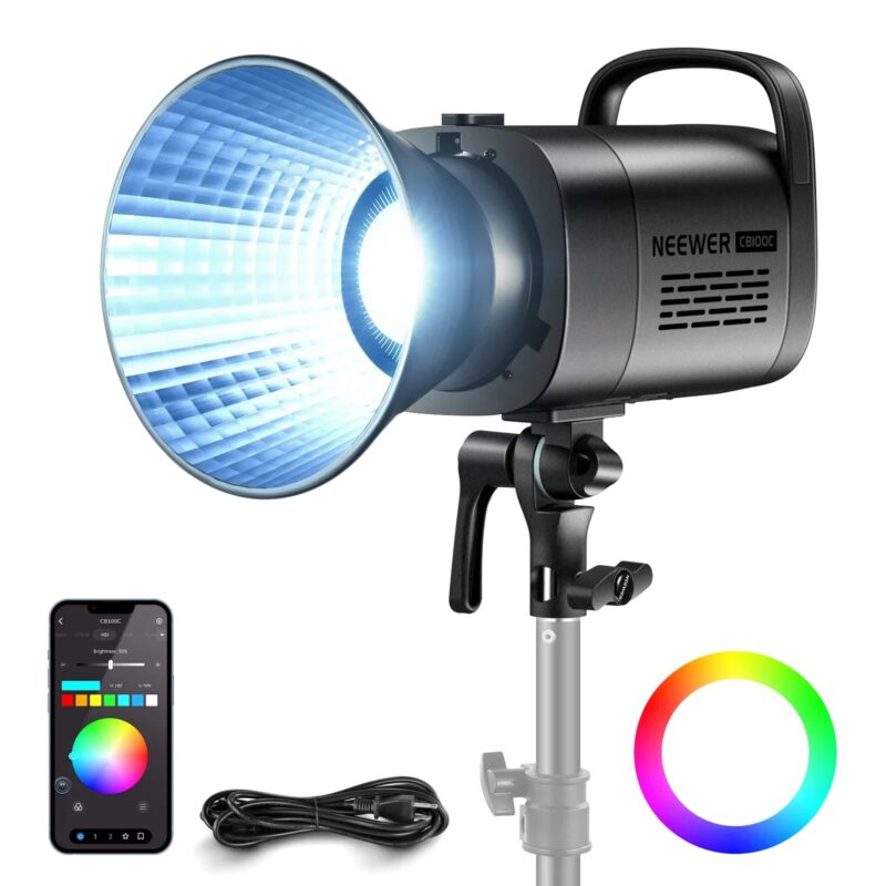 NEEWER CB100C 130w RGB LED Video Light, APP/2.4G Control 360° Full Color 2700K-6500K 27000lux/m COB Bowens Mount Silent