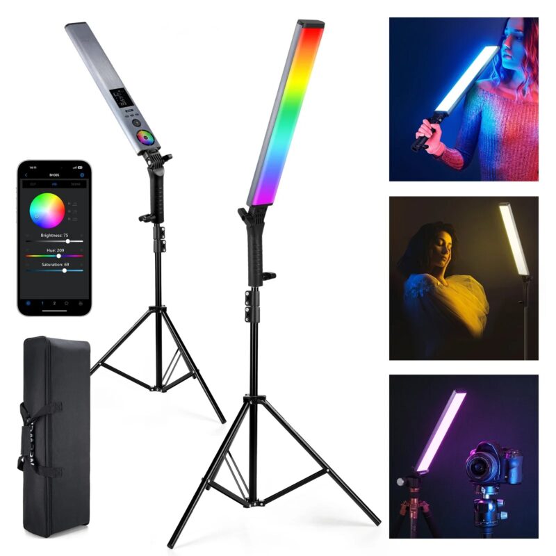NEEWER Upgraded Interactive RGB LED Video Light Stick With Stand Kit, 2 Pack BH-30S Photography Lighting Wand With RGBWW Hue