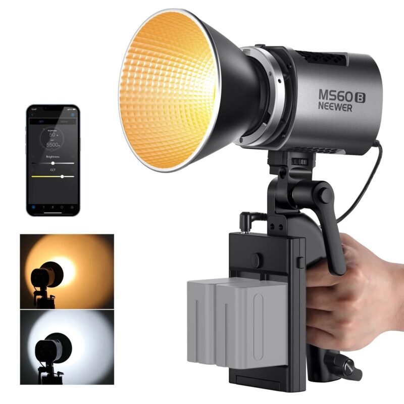 NEEWER MS60B Bi Color LED Video Light With 2.4G/APP Control, 65W Metal Mini Handheld COB Continuous Output Lighting Bowens Mount