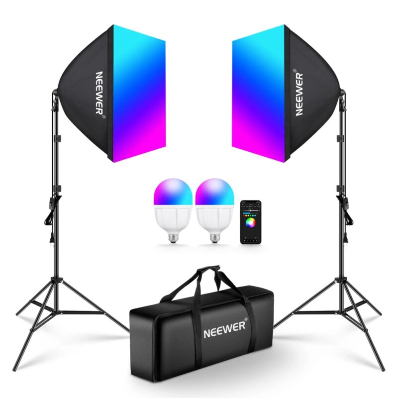 NEEWER RGB Softbox Lighting Kit With App Control & 9 Effect Modes, 2 Pack 26W FCC/IC/UL Certified LED Bulbs CRI93+ TLCI98+
