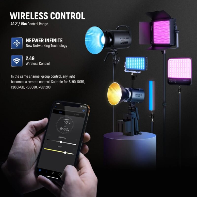 NEEWER MS60B Bi Color LED Video Light With 2.4G/APP Control, 65W Metal Mini Handheld COB Continuous Output Lighting Bowens Mount - Image 6