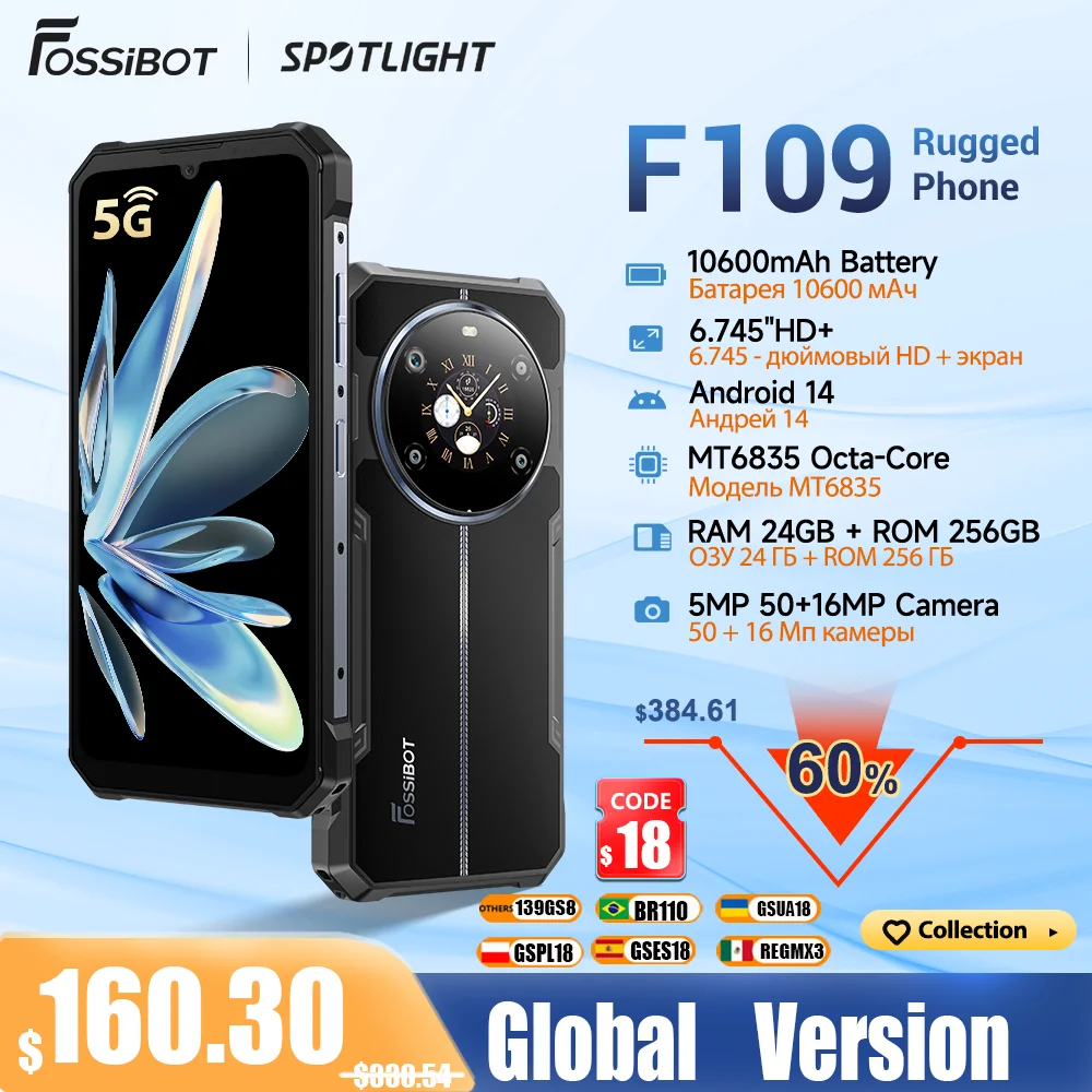 FOSSIBOT F109 Rugged Phone 10600mAh 6.745"HD+Smartphone Android 14 24GB+256GB 50MP Cam Dual Screen Mobile Phone Global Version