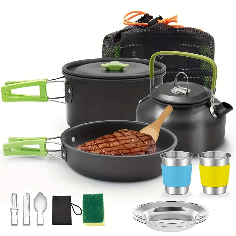 16pcs Stainless Steel Camping Cookware, Compact Backpacking Camping Pot Cooking Set with Cups Plates Forks Knives Spoons