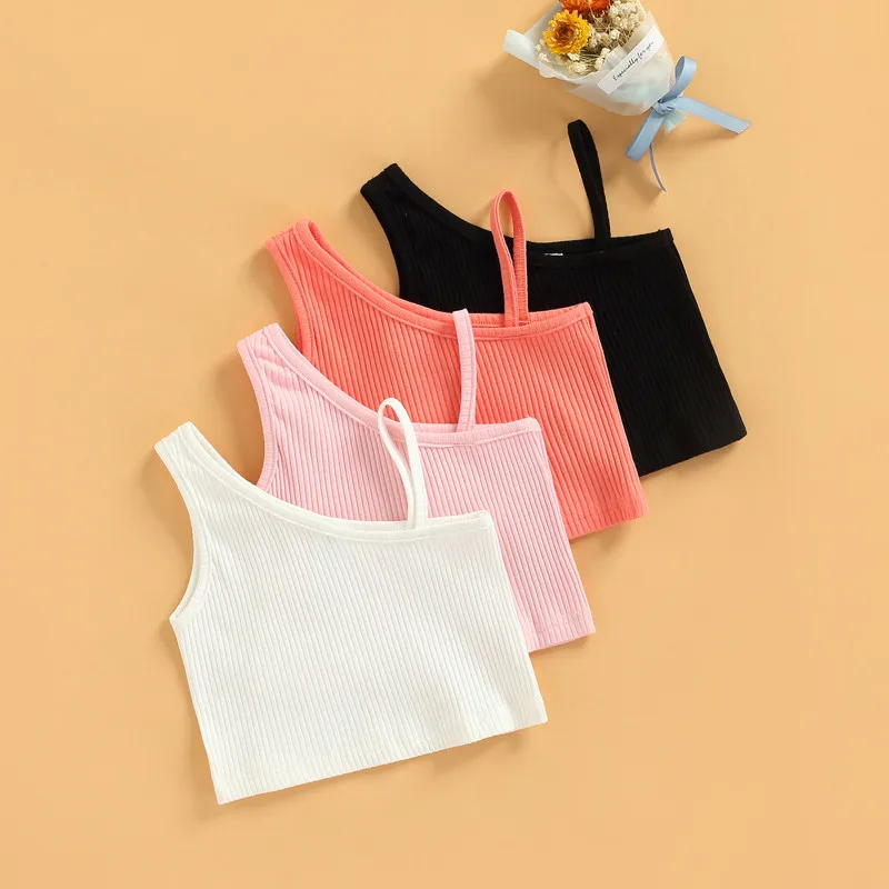 2-8years Girls Summer Vest Toddlers Solid Color Sloping Shoulder Sleeveless Tank Tops For Girls Underwear Tanks Camisoles