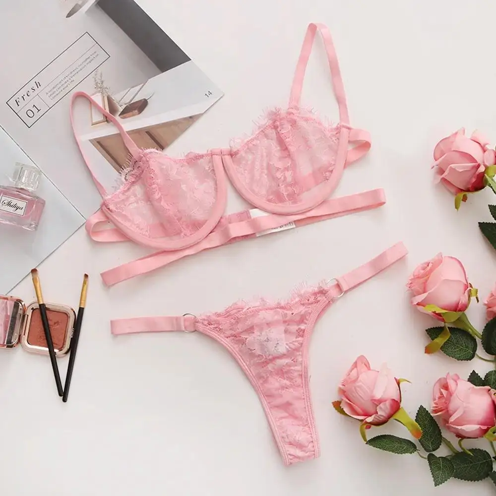 2 Pieces Sexy Lingerie Fancy Lace Erotic Set Transparent Underwear Fairy Embroidery Brief Sets Delicate Bra  Push Up Breves Kit