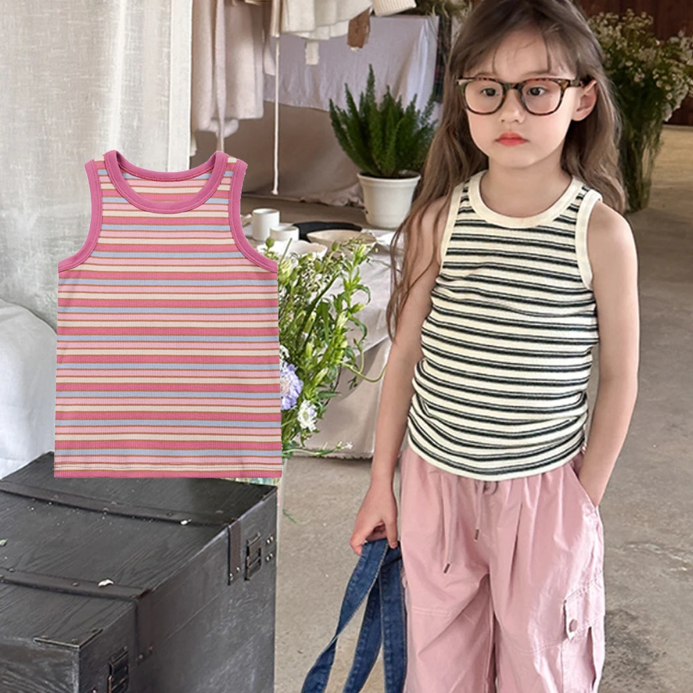 2024 Summer Baby Girls Tank Top for Kids Underwear Sleeveless Vest Children's Striped Printed Tops Korean Style Camisole Clothes