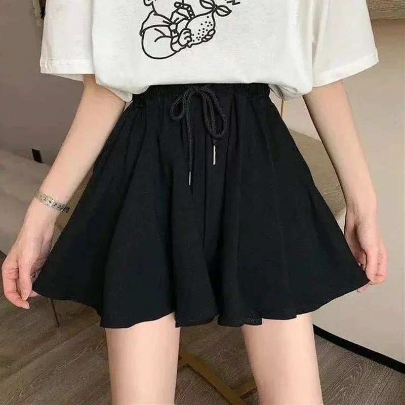 5 Sizes Summer Shorts Skirts Women Elastic High Waist Casual Wide Leg Shorts Korean A Line Loose Mini Skirt Black Short Pants