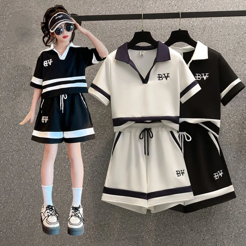 Baby Girls Clothes Set Summer New Teenage Turn Down Collar Outfits Young Girls Short Sleeve Tops and Shorts Suit 2Pcs Loungewear