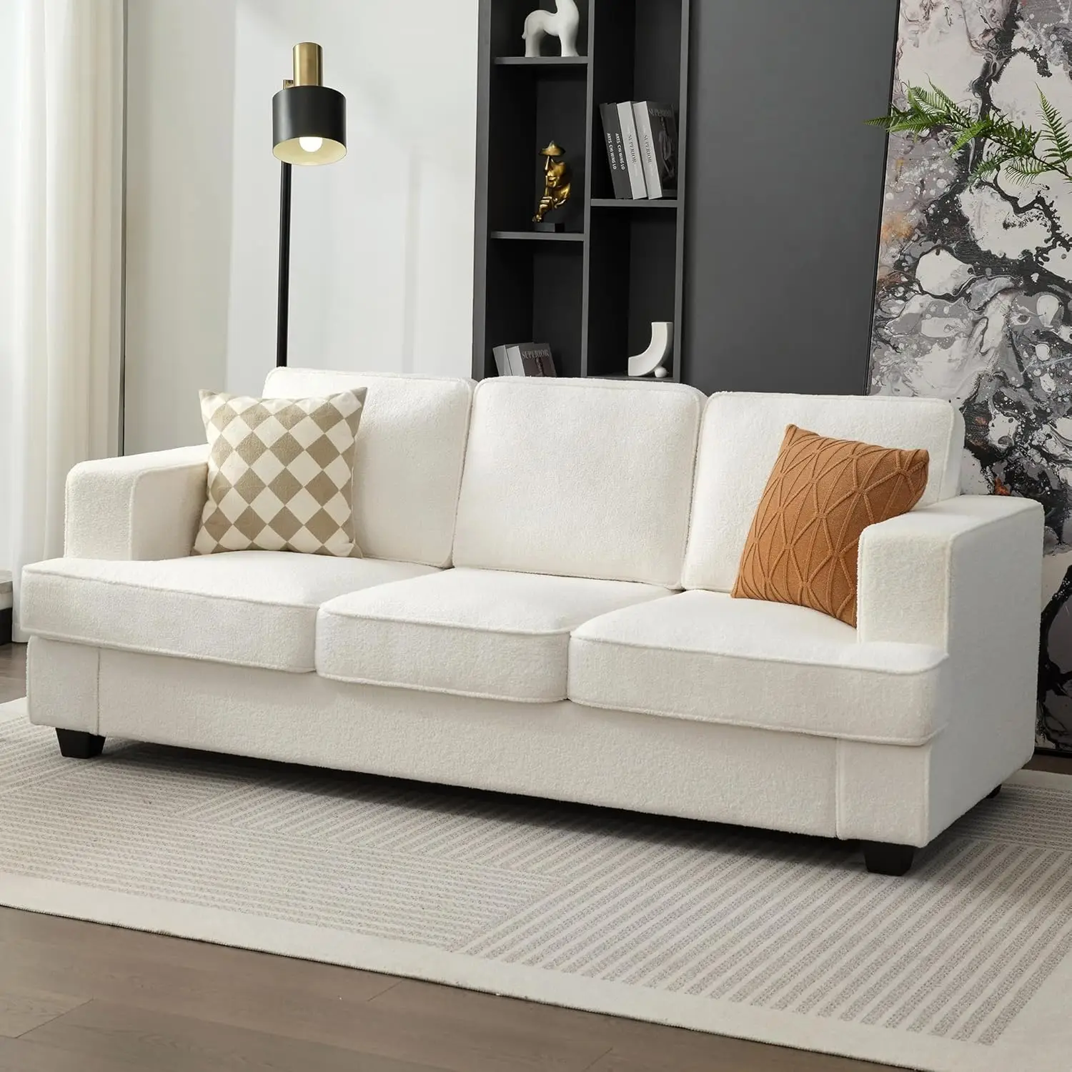 Boucle Comfy Couch, Couches for Living Room, Sleeper Sofa with Extra Deep Seats, Modern Sofa, Teddy Velvet, Oyster White