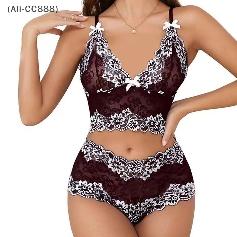 ¡²CC88¡³Lace Patchwork Sexy Lingerie Color Blocking Bra Pants Two-piece Set