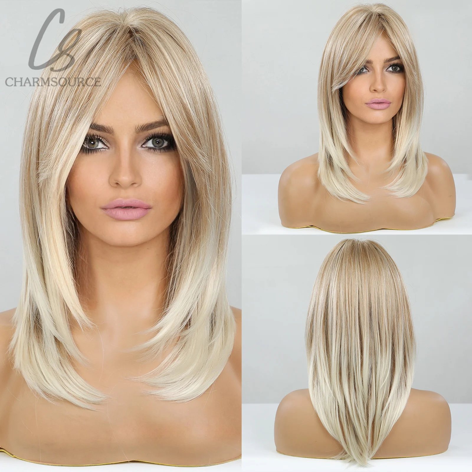 CharmSource Blonde Long Hair Natural Straight Wig Synthetic Wigs  for Women Daily Party High Density