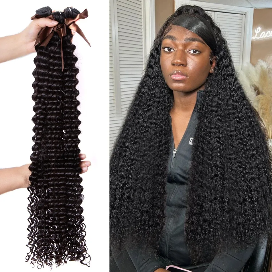 Deep Water Weave 1 2 3 Bundles Natural Black Color Curly Wigs Bundles Extensions Double Weft 100% Brazilian Remy Human Hair