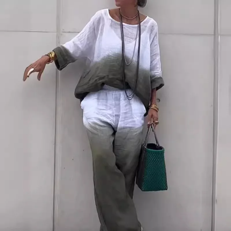 Gradient Cotton And Linen 2 Piece Sets Women Outfit For Women Summer Fashion Pocket Pant Sets Casual Loose Pullover Shirt Suit