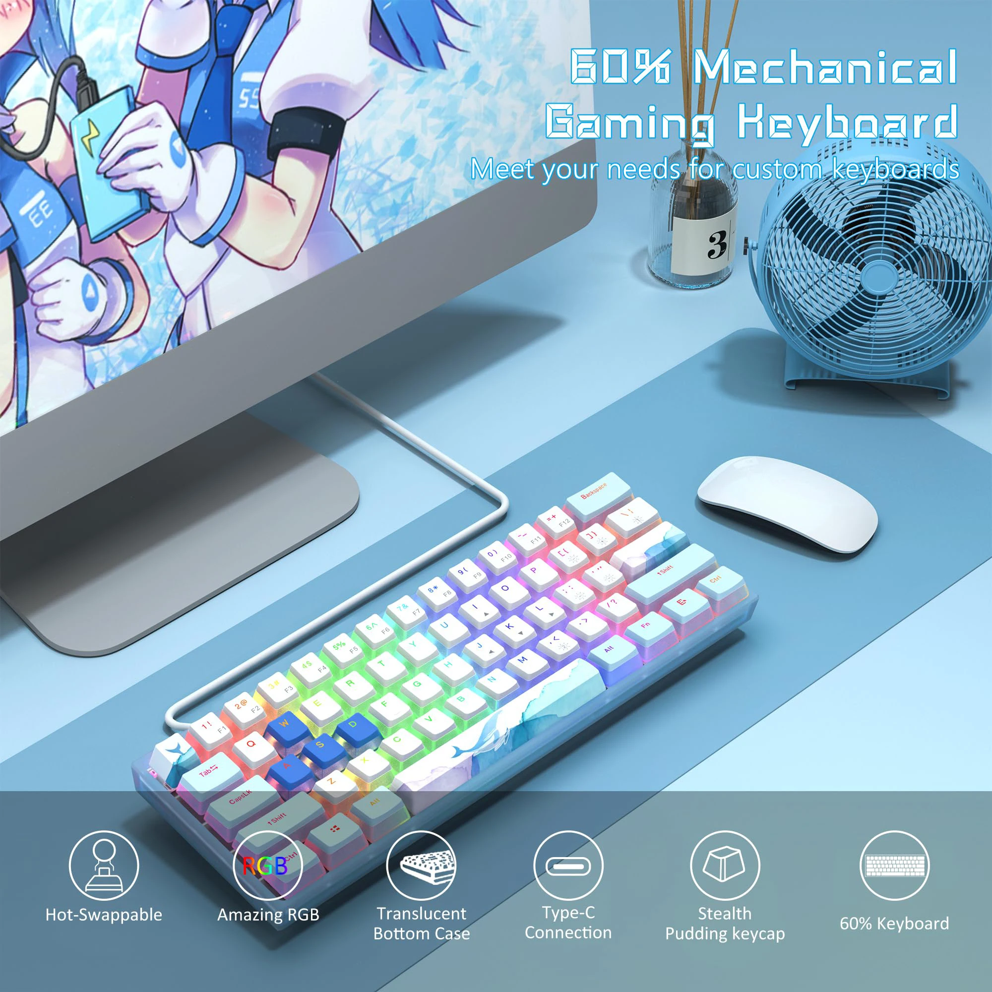 Hot-Swappable RGB Mechanical Gaming Keyboard Pudding Keycap TKL 60% Wired Computer Keyboard for Laptop Office PC