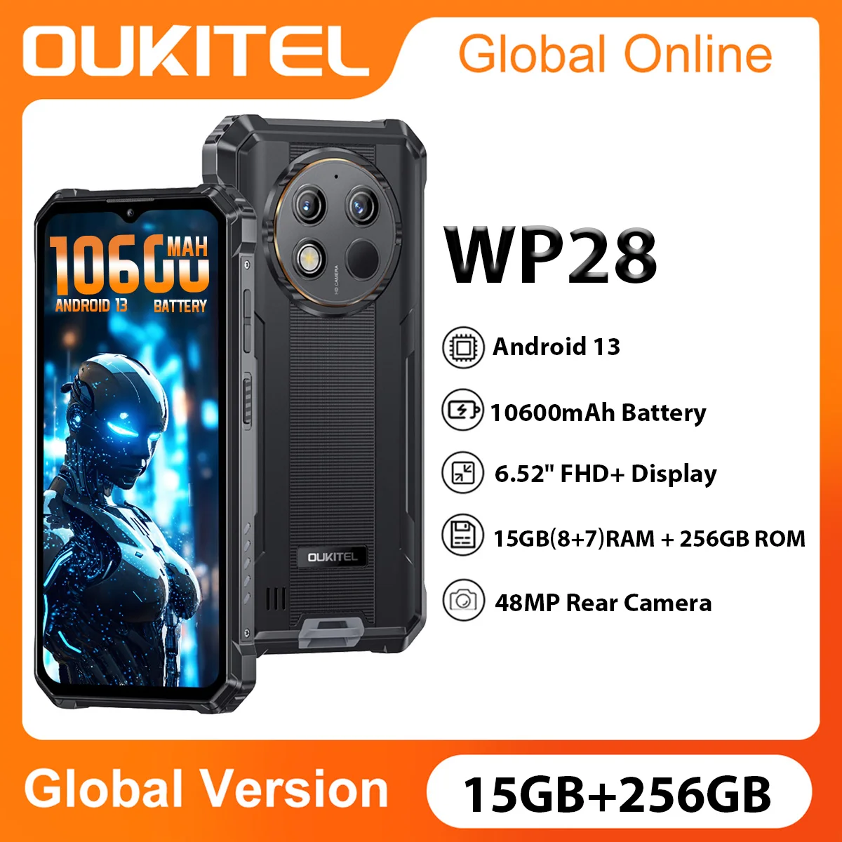 Oukitel WP28  8GB+256GB Rugged Smartphones 6.52¡®' HD+ 10600mAh  Android 13 Mobile Phone 48MP Camera Cell phones NFC