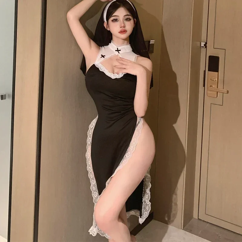 Porn Suit Nun Outfits Cosplay Costumes Women Sexy Lingerie Underwear High Split Long Dress with Panties Headwear Erotic Set