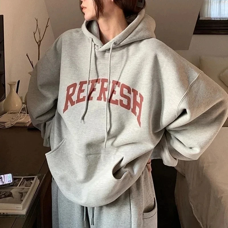 Rimocy Letter Printed Hoodie Women Fashion Korean Thicken Hooded Sweatshirts Woman Y2K Streetwear Loose Plus Sized Hoodies