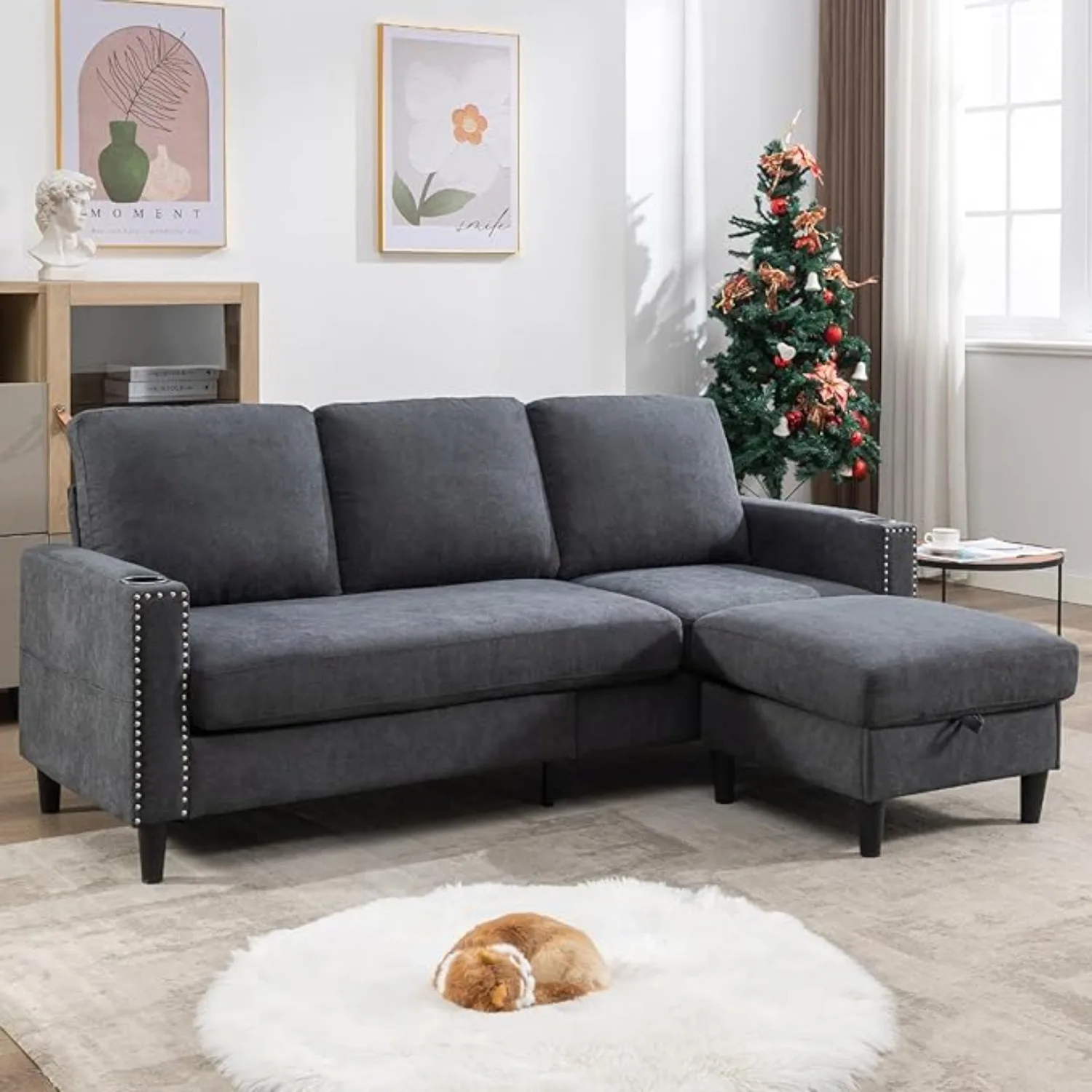 Sectional Couches for Living Room, L-Shaped Couch 3 Seats Sofas with Storage Chaise & 2 Cup Holders, Small Sofa for Apartment,