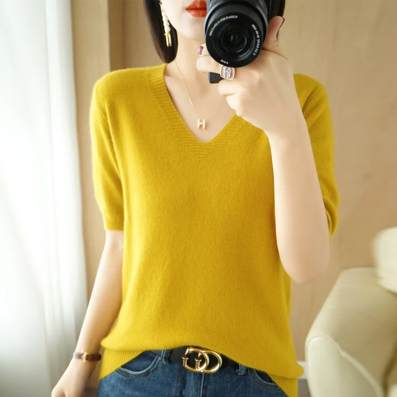 Spring Autumn Women Sweaters Short Sleeves V-neck Bottoming Shirt Knitwear 2023 Summer Camel Green Pink Pullovers Korean Jumpers