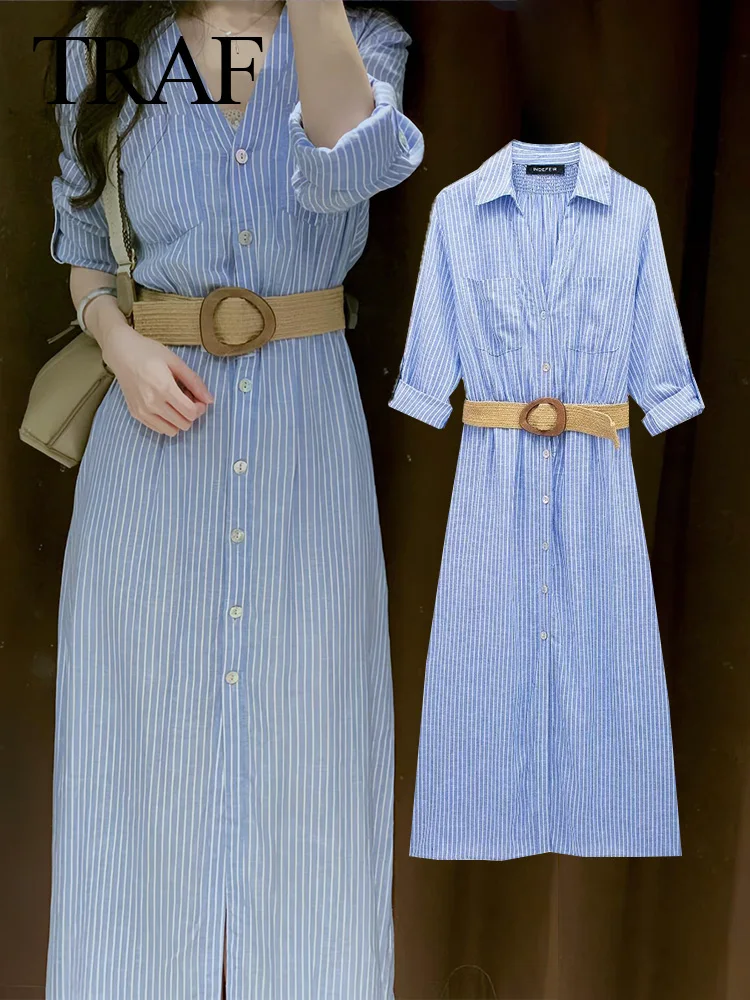 TRAF 2024 New Woman Blue Striped Chic Long Sleeve Dress Office Lady With Belt Midi Dresses Casual Loose Holiday Mujer Vestidos