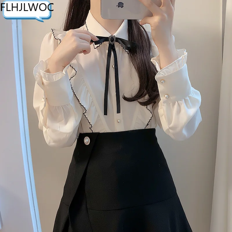 Women's Ruffles Cute Bow Tie Tops Preppy Style Vintage Japanese Korea Design Button Elegant Formal White Shirts Blouses