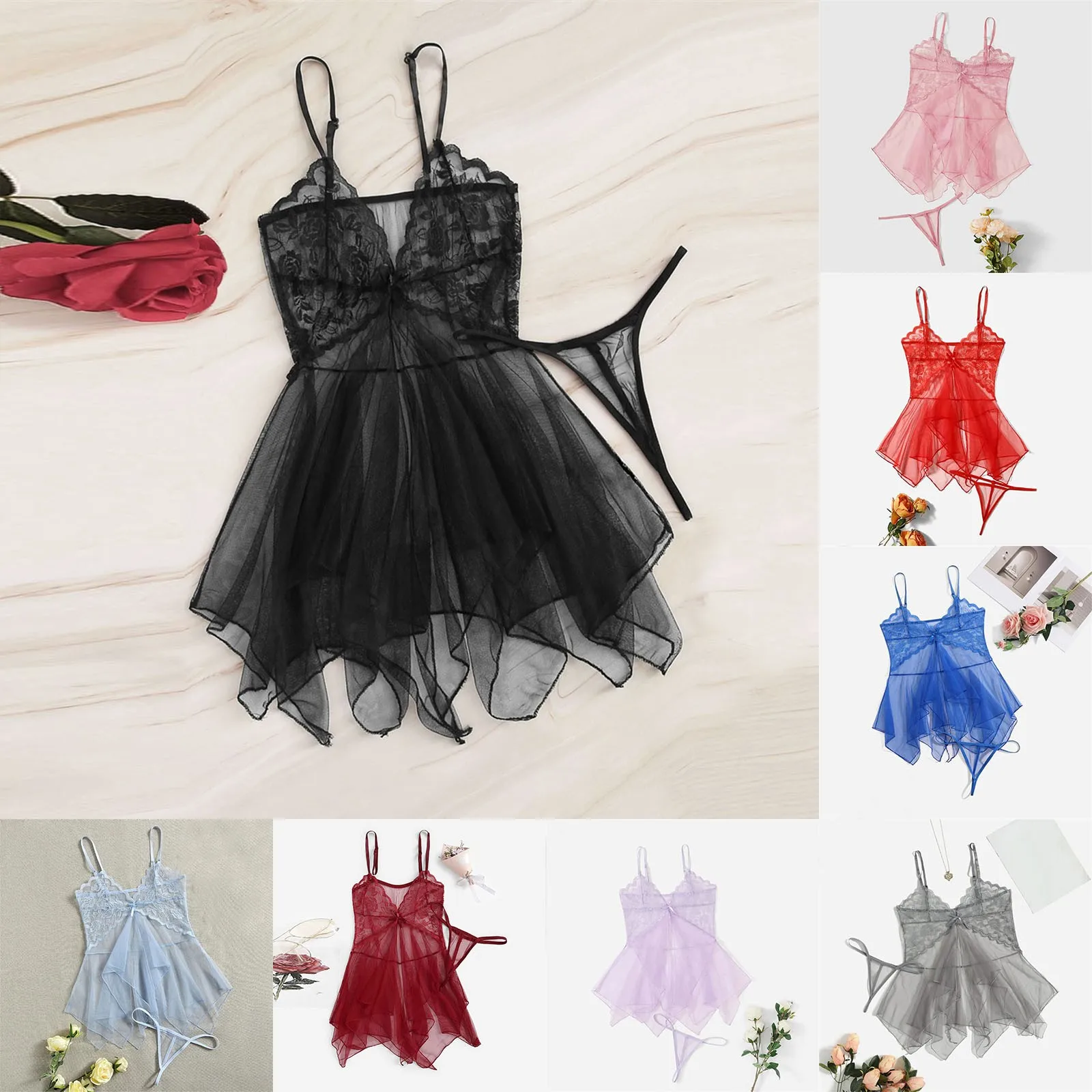 Womens Lingerie Lace Babydolls Dress With Thongs Open Bra Mesh Sheer Pajamas Female Costumes Bras Set Sexy Lingerie §ß§Ú§Ø§ß§Ö§Ö §Ò§Ö§Ý§î§Ö